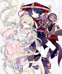 Rule 34 | 1boy, 1girl, black shirt, black shorts, blonde hair, braid, commission, commissioner insert, frilled kimono, frills, genshin impact, hat, highres, japanese clothes, jihecchi, jingasa, kimono, long hair, long sleeves, looking at viewer, low twintails, maid, maid headdress, oc x canon, original, pink kimono, purple eyes, purple hair, sandals, scaramouche (genshin impact), shirt, shorts, simple background, socks, tabi, twintails, vambraces, very long hair, wa maid, white background, white socks, wide sleeves, yellow eyes