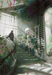 2girls absurdres back black_coat capelet coat dress fern_(sousou_no_frieren) frieren highres holding holding_suitcase long_hair multiple_girls purple_hair sorrowny sousou_no_frieren stairs suitcase twintails white_capelet white_dress white_hair