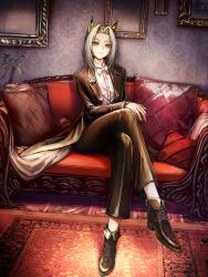 1girl absurdres aki9615 animal_ears arknights black_footwear black_jacket black_pants boutonniere bow bowtie bright_pupils carpet cat_ears cat_girl closed_mouth commentary_request couch crossed_legs cushion flower full_body green_eyes high_heels highres jacket kal&#039;tsit_(arknights) kal&#039;tsit_(formal)_(arknights) light_smile long_sleeves looking_at_viewer medium_hair official_alternate_costume on_couch painting_(object) pants parted_bangs picture_frame plant potted_plant rose shirt shoelaces sitting solo suit_jacket white_bow white_bowtie white_flower white_hair white_pupils white_rose white_shirt