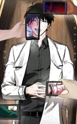 belt black_hair black_shirt closed_eyes coat coffin collared_shirt cowboy_shot demon_horns facing_viewer hands_on_own_stomach highres holding holding_own_hand holding_phone horns jozllie kim_dokja lying omniscient_reader&#039;s_viewpoint on_back open_mouth out_of_frame phone revealing_layer scratches shirt short_hair too_many_hands white_coat