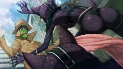 1boy 2girls akiha_rumiho akiha_rumiho_(chat_noir) akihabara_(tokyo) amane_suzuha amane_suzuha_(chat_noir) animal_ears ass attack belt belt_around_waist belt_buckle bodysuit braid breasts brown_coat brown_hair brown_hat buckle cat_belt_buckle cat_ears chat_noir_costume_(steins;gate) claws coat colored_skin drill_hair fake_tail fedora from_behind game_cg gloves green_hair green_skin hair_tie hat headgear helmet highres huke impossible_bodysuit impossible_clothes incoming_attack latex latex_bodysuit long_hair long_sleeves medium_breasts multiple_girls official_art pink_hair purple_bodysuit purple_gloves reptile_boy ringed_eyes scared sharp_teeth shiny_clothes shoulder_pads skin_tight square_pupils steins;gate steins;gate:_linear_bounded_phenogram tail teeth trench_coat twin_braids twin_drills twintails white_gloves