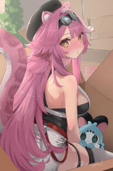 1girl :&lt; animal_ears bare_shoulders beret black_hat blush box breasts cardboard_box chattino_(raora_panthera) closed_mouth commentary eyeshadow goggles goggles_on_head hair_intakes hat highres hololive hololive_english in_box in_container large_breasts long_hair makeup mochiyuki_(gigfor1) multicolored_hair panther_ears panther_girl panther_tail pink_eyeshadow pink_hair plant raora_panthera raora_panthera_(1st_costume) shirt shorts shoulder_blades streaked_hair tail thighhighs thighs virtual_youtuber white_shirt white_shorts white_thighhighs yellow_eyes