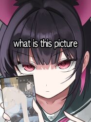 2girls animal_ears bare_shoulders black_hair blue_archive bob_cut cat_ears cat_girl cellphone closed_mouth colored_inner_animal_ears colored_inner_hair extra_ears green_sailor_collar grey_eyes highres holding holding_phone kazusa_(blue_archive) kikyou_(blue_archive) looking_at_viewer momocadraw multicolored_hair multiple_girls naked_towel onsen parted_bangs phone pink_eyes pointing sailor_collar shaded_face short_hair smartphone towel two-tone_hair