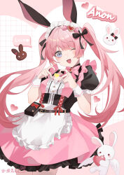 1girl animal_ears apron bang_dream! bang_dream!_it&#039;s_mygo!!!!! black_dress brooch chihaya_anon chinese_commentary commentary_request dress fake_animal_ears four-finger_heart_hands frilled_apron frills grey_hair heart heart_brooch heart_hands heart_in_heart_hands jewelry long_hair looking_at_viewer maid maid_headdress one_eye_closed open_mouth pink_hair rabbit_ears solo twintails white_apron yinranluo