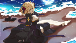 1girl adapted_costume arch_bishop_(ragnarok_online) barefoot beach black_bow black_dress black_eyes black_shoes blonde_hair bow breasts brown_horns cleavage cleavage_cutout closed_mouth clothing_cutout cross dress expressionless fingernails flower full_body fumiddition hair_bow hair_flower hair_ornament high_heels horns juliet_sleeves large_breasts long_sleeves looking_to_the_side pink_nails puffy_sleeves ragnarok_online red_flower red_rose rose sand shoes short_hair solo unworn_shoes water watermark watermark_grid