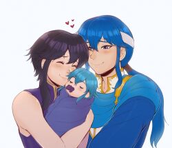 Rule 34 | 1boy, 2girls, baby, black hair, blue hair, blush, carrying, carrying baby, carrying person, closed eyes, evomanaphy, family, father and daughter, fire emblem, fire emblem: genealogy of the holy war, headband, heart, highres, hug, if they mated, larcei (fire emblem), looking at another, mother and daughter, multiple girls, nintendo, original, pacifier, ponytail, purple tunic, selia, seliph (fire emblem), sidelocks, sleeveless, swaddled, tunic, white background, white headband