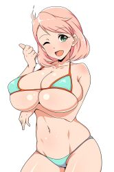 1girl :d absurdres bare_shoulders bikini blue_bikini blush breasts character_request collarbone copyright_request cowboy_shot green_eyes highres jabara_tornado large_breasts legs looking_at_viewer navel one_eye_closed open_mouth pink_hair short_hair simple_background smile solo stomach swimsuit thighs thumbs_up tongue white_background