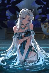 1girl absurdres ahoge arm_under_breasts bare_shoulders black_bow black_one-piece_swimsuit blue_eyes bow breasts carlotta_(wuthering_waves) casual_one-piece_swimsuit cleavage cleavage_cutout closed_mouth clothing_cutout commentary covered_navel cracked_skin english_commentary erikvarts groin hair_bow highleg highleg_one-piece_swimsuit highres holding_own_arm indoors large_breasts long_hair looking_at_viewer off-shoulder_one-piece_swimsuit off_shoulder official_alternate_color official_alternate_costume one-piece_swimsuit parted_bangs pool signature smile solo striped_bow swimsuit tacet_discord_(wuthering_waves) tubpup_(wuthering_waves) very_long_hair wading wet wuthering_waves