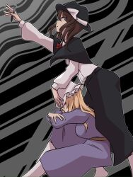 black_capelet black_skirt blonde_hair bow breasts brown_hair capelet covered_eyes fedora hat highres hugging_own_legs iwoillust kneeling large_breasts lying maribel_hearn mob_cap on_side pen purple_shirt purple_skirt reaching red_bow see-through_hair shirt skirt small_breasts socks touhou usami_renko white_shirt white_socks