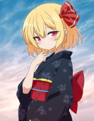 Rule 34 | 1girl, alternate costume, black kimono, blonde hair, blush, cato (monocatienus), closed mouth, commentary request, floral print, hair ribbon, highres, japanese clothes, kimono, looking at viewer, obi, obiage, obijime, print kimono, red eyes, red ribbon, red sash, ribbon, rumia, sash, solo, touhou