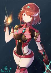 1girl black_gloves bob_cut breasts commentary_request covered_navel daxel0126 fingerless_gloves gloves highres holding holding_weapon large_breasts medium_hair parted_bangs pyra_(xenoblade) red_eyes red_hair solo standing swept_bangs tiara weapon xenoblade_chronicles_(series) xenoblade_chronicles_2