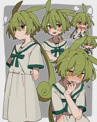 ... 1girl animal_ears arms_behind_back blush border bow bowtie bright_pupils closed_mouth commentary corn_kuten dress green_bow green_bowtie green_hair grey_background long_hair multiple_views nervous nose_blush open_mouth orange_eyes outline outside_border ponytail short_sleeves simple_background smile spoken_ellipsis voicevox watermark white_border white_dress white_outline white_pupils zundamon