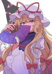 Rule 34 | 1girl, blonde hair, bow, covering own mouth, dress, folding fan, gap (touhou), hair bow, hand fan, haruki reimari, hat, hat ribbon, holding, holding fan, long hair, long sleeves, looking at viewer, mob cap, purple eyes, purple tabard, red bow, red ribbon, ribbon, simple background, solo, tabard, touhou, upper body, very long hair, white background, white dress, white hat, wide sleeves, yakumo yukari