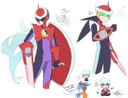 4boys absurdres arm_blade armor assault_visor black_bodysuit black_hair bodysuit double_soul_(mega_man) energy_sword eugene_chaud_(mega_man) green-tinted_eyewear helmet highres jinsu_exe lan_hikari_(mega_man) long_hair male_focus mega_man_(series) mega_man_battle_network_(series) megaman.exe missing_commentary multiple_boys netnavi protoman.exe red_armor red_helmet sword tinted_eyewear weapon white_hair