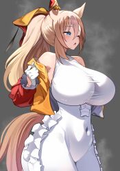 1girl absurdres alternate_breast_size blonde_hair blue_eyes bodysuit breasts commentary_request covered_navel durandal_(umamusume) gloves grey_background highres horse_girl horse_tail huge_breasts one_eye_closed open_mouth ponytail smoke_klll solo tail umamusume white_bodysuit white_gloves