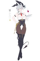 1girl absurdres alternate_costume alternate_hairstyle animal_ears arm_behind_back arm_strap bare_shoulders black_boots black_eyes black_horns black_pantyhose black_tail boots breasts commentary cup curled_horns demon_tail drinking_glass earrings fake_animal_ears full_body gloves hashtag-only_commentary highleg highleg_leotard highres holding holding_tray horns jewelry key_earrings large_breasts leotard looking_at_viewer medium_hair mole mole_on_breast mole_under_eye multicolored_hair one_eye_closed open_mouth pantyhose playboy_bunny rabbit_ears red_eyes simple_background solo streaked_hair tail tail_around_own_leg thigh_boots thigh_gap tray white_background white_gloves wuthering_waves xsatoh zani_(wuthering_waves)