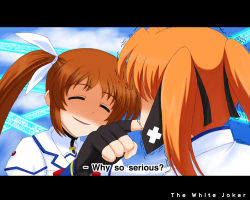 Rule 34 | 2girls, bad id, bad pixiv id, batman (series), bow, brown hair, closed eyes, cloud, day, dc comics, fake screenshot, false smile, fingerless gloves, gloves, kun, kusumo (kungsu2), letterboxed, lyrical nanoha, magical girl, mahou shoujo lyrical nanoha, mahou shoujo lyrical nanoha strikers, multiple girls, orange hair, parody, red bow, red hair, shaded face, short twintails, smile, takamachi nanoha, takamachi nanoha (aggressor mode), teana lanster, the dark knight, the joker, trembling, twintails, white devil, why so serious, you gonna get raped