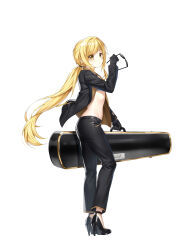 1girl black_gloves black_jacket black_pants black_shoes blonde_hair chest_sarashi closed_mouth closers expressionless from_side full_body gloves hand_up high_heels highres holding holding_removed_eyewear holding_suitcase jacket long_hair long_sleeves looking_at_viewer looking_to_the_side low_ponytail lucy_(closers) official_art open_clothes open_jacket pants ponytail sarashi shoes sidelocks simple_background solo standing stomach suitcase sunglasses unworn_eyewear very_long_hair white_background yellow_eyes