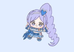 Rule 34 | 1girl, absurdly long hair, aono miki, blue background, blue boots, blue bow, blue eyes, blue skirt, blue theme, blue thighhighs, boots, bow, bow skirt, brooch, chibi, closed mouth, clover, clover brooch, cropped shirt, cross-laced clothes, cross-laced skirt, cure berry, dot nose, earrings, eyelashes, eyes visible through hair, four-leaf clover, fresh precure!, frilled skirt, frilled wristband, frills, hair ornament, hairband, happy, heart, heart earrings, heart hair ornament, high side ponytail, ichigo usuhana, jewelry, knee boots, light blush, long hair, looking at viewer, magical girl, midriff, miniskirt, navel, outstretched arms, precure, puffy short sleeves, puffy sleeves, purple hair, ribbon-trimmed shirt, ribbon trim, shirt, short sleeves, simple background, skirt, smile, solo, square neckline, tareme, thighhighs, very long hair, waist bag, wavy hair, white bag, white hairband, white shirt, wrist bow