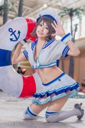 Rule 34 | 1girl, blue eyes, blurry, blurry background, cosplay, cosplay photo, costume, grey hair, hat, indoors, japanese (nationality), kneeling, looking at viewer, love live!, love live! sunshine!!, mi yan 0728, open clothes, photo (medium), poolside, short hair, skirt, solo, swim ring, thighhighs, watanabe you
