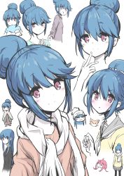 0_0 2girls :i absurdres ahoge animal arms_at_sides black_legwear black_shirt blouse blue_hair blue_scarf blue_shirt blue_theme blush boots chibi chibi_inset chikuwa_(yurucamp) close-up closed_mouth collarless_shirt commentary_request dog dress finger_to_mouth from_above from_below from_side frown full_body grey_skirt hair_between_eyes hair_bun hair_tie hand_up head_tilt highres kagamihara_nadeshiko layered_dress light_smile long_hair long_sleeves looking_at_viewer looking_back looking_to_the_side multiple_girls multiple_views n2midori neckerchief open_mouth orange_shirt own_hands_together pantyhose parted_lips partially_colored pink_hair pleated_skirt poncho pout purple_eyes sailor_collar scarf school_uniform serafuku shima_rin shirt single_hair_bun skirt smile solo_focus twintails upper_body welsh_corgi white_background white_headwear white_sailor_collar white_scarf woollen_cap yellow_shirt yurucamp