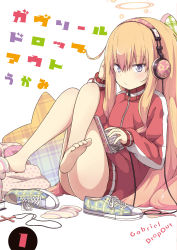 Rule 34 | 10s, 1girl, bare legs, barefoot, blonde hair, computer, cover, feet, female focus, gabriel dropout, gabriel tenma white, grey eyes, gym uniform, halo, headphones, highres, laptop, long hair, long sleeves, md5 mismatch, resolution mismatch, shoes, single sock, sock dangle, socks, solo, source smaller, toes, ukami, unworn shoes, unworn socks, very long hair