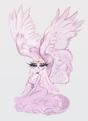 1girl absurdres beak bird_girl breasts cleavage demon_girl dress furry furry_female helluva_boss highres lanveril large_breasts long_hair red_eyes solo stella_(helluva_boss) white_dress white_hair