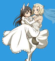 2girls anabuki_tomoko animal_ears black_hair blonde_hair blue_background blush bow bowtie carrying dress elbow_gloves elma_leivonen fox_ears fox_girl gloves highres jacket long_hair looking_at_another multiple_girls murayama_kei open_mouth pants princess_carry simple_background standing strike_witches:_suomus_misfits_squadron tail veil weasel_ears weasel_girl weasel_tail wedding_dress white_bow white_bowtie white_gloves white_jacket white_pants wife_and_wife world_witches_series yuri