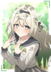1girl black_hairband black_serafuku blue_pupils bow bowtie buttons commentary_request double-breasted firefly_(honkai:_star_rail) firefly_(spring_missive)_(honkai:_star_rail) gradient_hair green_bow green_bowtie green_hair grey_hair hairband highres honkai:_star_rail honkai_(series) long_sleeves looking_at_viewer looking_up mashiro_(user_65392488) multicolored_hair official_alternate_costume plaid_bow plaid_bowtie plaid_clothes pleated_skirt purple_eyes school_uniform serafuku shirt skirt smile solo two-tone_hair white_shirt