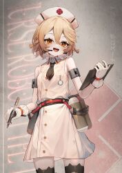 1girl :d absurdres ap04astral bare_shoulders black_necktie black_thighhighs blonde_hair blush clipboard commentary_request cowboy_shot dress gloves hat highres holding holding_clipboard holding_pen looking_at_viewer necktie nurse nurse_cap nurse_robot_type_t open_mouth orange_eyes pen short_hair short_necktie sleeveless sleeveless_dress smile solo thighhighs voicevox white_dress white_gloves white_hat