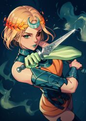 1girl absurdres ancient_greek_clothes asymmetrical_arms black_sclera blonde_hair bone colored_sclera commentary dagger dress english_commentary glowing_arm greco-roman_clothes green_lips hades_(series) hades_2 highres holding_sickle jellypon knife laurel_crown looking_at_viewer melinoe_(hades) mismatched_sclera orange_dress see-through_body short_hair sickle skeletal_arm solo weapon