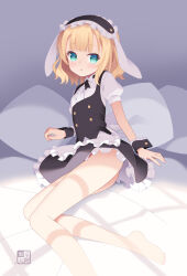 1girl apron aqua_eyes barefoot black_hairband blonde_hair center_frills droopy_ears fleur_de_lapin_uniform floppy_ears frilled_apron frilled_cuffs frilled_hairband frilled_shirt frills gochuumon_wa_usagi_desu_ka? hairband highres kirima_syaro kurasawa_kyoushou loli lolita_hairband on_bed pillow puffy_short_sleeves puffy_sleeves shirt short_hair short_sleeves simple_background solo underbust waist_apron waitress white_apron wrist_cuffs