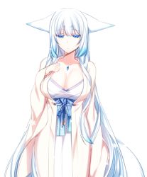Rule 34 | 1girl, animal ears, blue eyes, breasts, cleavage, collarbone, female focus, fox ears, fox tail, gem, gradient hair, hand on own chest, hikimayu, konshin, large breasts, long hair, looking at viewer, multicolored hair, obi, orie mishiro, pixiv fantasia, sash, simple background, snowflakes, solo, tail, very long hair, white background, white hair
