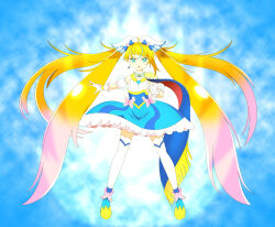 Rule 34 | 1girl, absurdres, ahoge, alternate eye color, alternate hair color, aqua eyes, aura, blonde hair, blue background, blue boots, blue cape, blue dress, blue streaks, boots, bow, brooch, cape, clenched hand, commentary, cure sky, cut bangs, detached sleeves, dress, dress bow, earrings, fingerless gloves, fringe-trimmed cape, fringe trim, full body, furrowed brow, gloves, gradient hair, hair ornament, hand up, highres, hirogaru sky! precure, jewelry, long hair, looking at viewer, magical girl, medium dress, multicolored dress, multicolored hair, open mouth, pink bow, pink hair, precure, puffy detached sleeves, puffy sleeves, red cape, serious, single earring, single hair streak, single sidelock, sleeveless, sleeveless dress, solo, sonic (series), sonic frontiers, sonic the hedgehog, sora harewataru, sphere earrings, super sonic, super sonic 2, thighhighs, touya amagase, twintails, two-sided cape, two-sided fabric, two-tone dress, v-shaped eyebrows, very long hair, white dress, white gloves, white thighhighs, wing brooch, wing hair ornament, yellow aura, zettai ryouiki