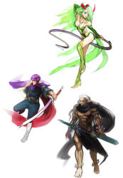 1990s_(style) 1girl 2boys anklet blonde_hair blue_eyes boots breasts cain_highwind cape cleavage final_fantasy final_fantasy_iv final_fantasy_iv:_the_after_years golbez green_eyes green_footwear green_hair hair_ornament highres jewelry knee_boots large_breasts legs leotard long_hair long_legs moreshan multiple_boys aged_up rydia_(ff4) spoilers sword theodor_harvey thighs very_long_hair weapon whip white_hair