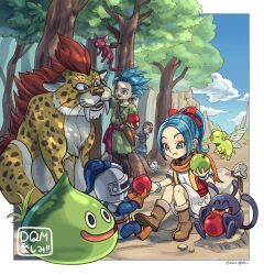 1girl 2girls 3boys 5others :d aged_down apple aqua_eyes bag bat_wings black_pants blue_eyes blue_hair blue_sky blue_tunic boots border bow bracelet brother_and_sister brown_boots brown_hair camus_(dq11) cat chewing child cloud commentary_request dracky dragon_quest dragon_quest_treasures dragon_quest_xi earrings eating fangs food fruit gold_earrings great_sabrecat green_shirt green_tunic hair_bow hero_(dq11) highres holding holding_food holding_fruit hoop_earrings insect_wings janis_(hainegom) jewelry knife knife_sheath looking_at_another maya_(dq11) meowsha_(dqt) multiple_boys multiple_girls multiple_others on_ground open_mouth orange_scarf outdoors pants parted_bangs parted_hair peeking_out pig pink_fur ponytail red_bow red_fur red_sash red_vest rock sash scarf sharp_teeth sheath sheathed shirt short_hair siblings single_bang sitting sky slime_(dragon_quest) slime_knight smile spiked_hair spotted_fur teeth tockle_(dq11) tonbuu_(dqt) tree tunic twitter_username vest white_border white_fur white_tunic wings yellow_fur yellow_trim