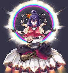 1girl absurdres belt blue_skirt boots breasts brown_boots closed_mouth cyberpunk cyborg extra_arms floating hair_ornament hakurei_fling halo highres joints large_breasts long_skirt looking_at_viewer mechanical_arms medium_hair mirror non-web_source prosthesis prosthetic_arm purple_hair red_eyes red_shirt robot_joints rocket shirt short_hair skirt sleeveless solo touhou yasaka_kanako