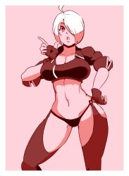 1girl angel angel_(kof) blue_eyes breasts cleavage female_focus gigalithic hair_over_one_eye hand_on_own_hip highres jacket large_breasts leather one_eye_covered pale_skin panties short_hair standing the_king_of_fighters thick_lips thighs underwear white_hair