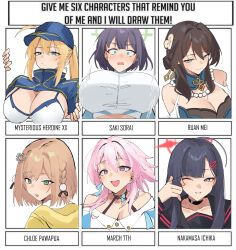 6+girls :d absurdres ahoge aqua_eyes artoria_pendragon_(fate) bare_shoulders baseball_cap bead_necklace beads bikini black_choker black_hair blonde_hair blue_archive blue_eyes blue_hat braid breasts brown_hair chloe_pawapua choker cleavage constricted_pupils fate/grand_order fate_(series) hair_ornament hairclip hat highres honkai:_star_rail honkai_(series) huge_breasts ichika_(blue_archive) jewelry large_breasts long_hair march_7th_(honkai:_star_rail) multicolored_eyes multiple_girls mysterious_heroine_xx_(fate) necklace off-shoulder_shirt off_shoulder one_eye_closed open_mouth pinepin pink_hair ponytail purple_eyes re:memories ruan_mei_(honkai:_star_rail) saki_(blue_archive) shirt short_hair shrug_(clothing) sidelocks smile swimsuit two-tone_eyes white_bikini