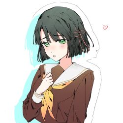 1girl black_hair blunt_bangs blunt_ends blush bob_cut breasts brown_dress clenched_hand commentary_request dress drop_shadow flower flower_knot hair_flower hair_ornament hasu_no_sora_school_uniform heart highres link!_like!_love_live! long_sleeves looking_at_viewer love_live! medium_breasts mizuno_(shuishui) momose_ginko neckerchief parted_lips pink_flower raised_inner_eyebrows sailor_collar sailor_dress school_uniform short_hair simple_background solo upper_body virtual_youtuber white_background white_sailor_collar winter_uniform yellow_neckerchief