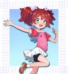 1girl bike_shorts_under_skirt black_shorts blush female_focus green_eyes jacket kommandoh looking_at_viewer open_mouth pink_jacket red_hair saru_getchu sayaka_(saru_getchu) shoes shorts skirt smile socks solo standing standing_on_one_leg twintails white_skirt