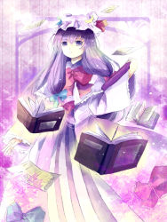 1girl bad_id bad_pixiv_id book female_focus flying_paper hat ichitaro paper patchouli_knowledge purple_hair solo touhou