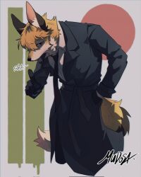 1boy animal_ear_fluff animal_ears animal_nose artist_name belt black_coat black_eyes black_necktie brown_fur coat collared_shirt cropped_legs fox_boy fox_ears fox_tail furry furry_male gloves grey_background highres long_coat male_focus mudosa multicolored_fur necktie orange_fur orange_hair original shirt solo tail white_fur white_shirt