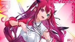 1girl amagai_tarou asymmetrical_clothes blue_eyes bracelet demon_horns detached_sleeves earrings heterochromia highres hololive hololive_english hololive_idol_uniform_(color_rise) horns irys_(hololive) jewelry long_hair looking_at_viewer nail_polish official_alternate_costume official_art pink_eyes red_hair very_long_hair virtual_youtuber wings
