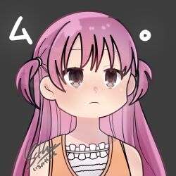 1girl artist_name brown_hair closed_mouth commentary_request expressionless frilled_shirt frills grey_background hair_between_eyes highres ichimiyasakutto katou_umi light_blush long_hair looking_at_viewer orange_shirt pink_hair portrait shirt signature simple_background solo straight_hair summer_pockets translation_request two_side_up unamused