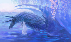 1girl blue_eyes day dragon dress fantasy flower highres horns long_hair mountainous_horizon original outdoors sakaya313 size_difference spikes standing wading water western_dragon white_dress white_hair wings wiping wisteria