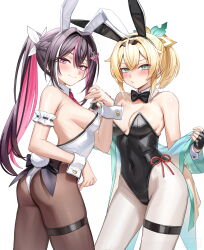 2girls :/ ahoge alternate_costume animal_ear_hairband animal_ears aqua_eyes armpit_crease ass azki_(hololive) black_bow black_bowtie black_gloves black_hair black_hairband black_leotard black_pantyhose blonde_hair blush bow bowtie braid breasts closed_mouth colored_inner_hair commentary covered_navel cowboy_shot crossed_bangs detached_collar double-parted_bangs fake_animal_ears fake_tail fishnet_pantyhose fishnets gloves hair_between_eyes hair_bow hair_flaps hair_intakes hair_ornament hairband hairclip half_up_half_down_braid hand_up haori highleg highleg_leotard highres hololive japanese_clothes kazama_iroha leotard long_hair looking_at_viewer medium_breasts mole mole_under_eye multicolored_bow multicolored_hair multiple_girls necktie pantyhose pink_hair pink_necktie playboy_bunny ponytail purple_eyes rabbit_ear_hairband rabbit_ears rabbit_tail short_hair side-tie_leotard sideboob simple_background smile strapless strapless_leotard streaked_hair symbol-only_commentary tail thigh_strap traditional_bowtie virtual_youtuber white_background white_hair white_leotard white_pantyhose wrist_cuffs wszkii yellow_haori