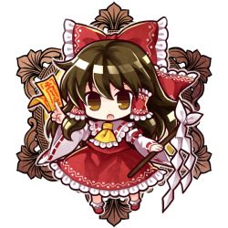 Rule 34 | 1girl, ascot, bow, brown eyes, brown hair, chibi, detached sleeves, female focus, full body, gohei, hair bow, hair tubes, hakurei reimu, haraegushi, japanese clothes, miko, ofuda, oonusa, open mouth, socha, solo, touhou, transparent background