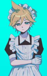 1boy apron aqua_background black_dress blonde_hair blue_eyes bright_pupils buttons closed_mouth crossdressing dress expressionless frilled_apron frills gloves highres holding_own_arm kagamine_len maid maid_headdress male_focus octopachi ponytail puffy_short_sleeves puffy_sleeves short_ponytail short_sleeves simple_background solo vocaloid white_apron white_gloves white_pupils