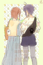 antenna_hair aoaoaoaoiao bag bag_charm black_hair blue_skirt bob_cut border brown_hair charm_(object) facing_away floral_background hagiwara_yukiho handbag highres idolmaster idolmaster_(classic) kikuchi_makoto long_skirt map_(object) nape pantyhose shirt skirt white_shirt